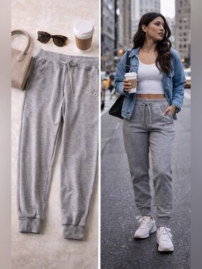 FILA Gray Jogger Sweatpants Drawstring Logo Lounge Athleisure